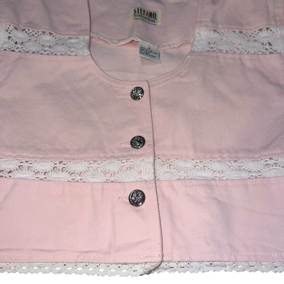 NWT RARE! 🎀 Vintage Fashion Bug Pink Denim White Lace Button Down Jacket Small - Picture 2 of 8